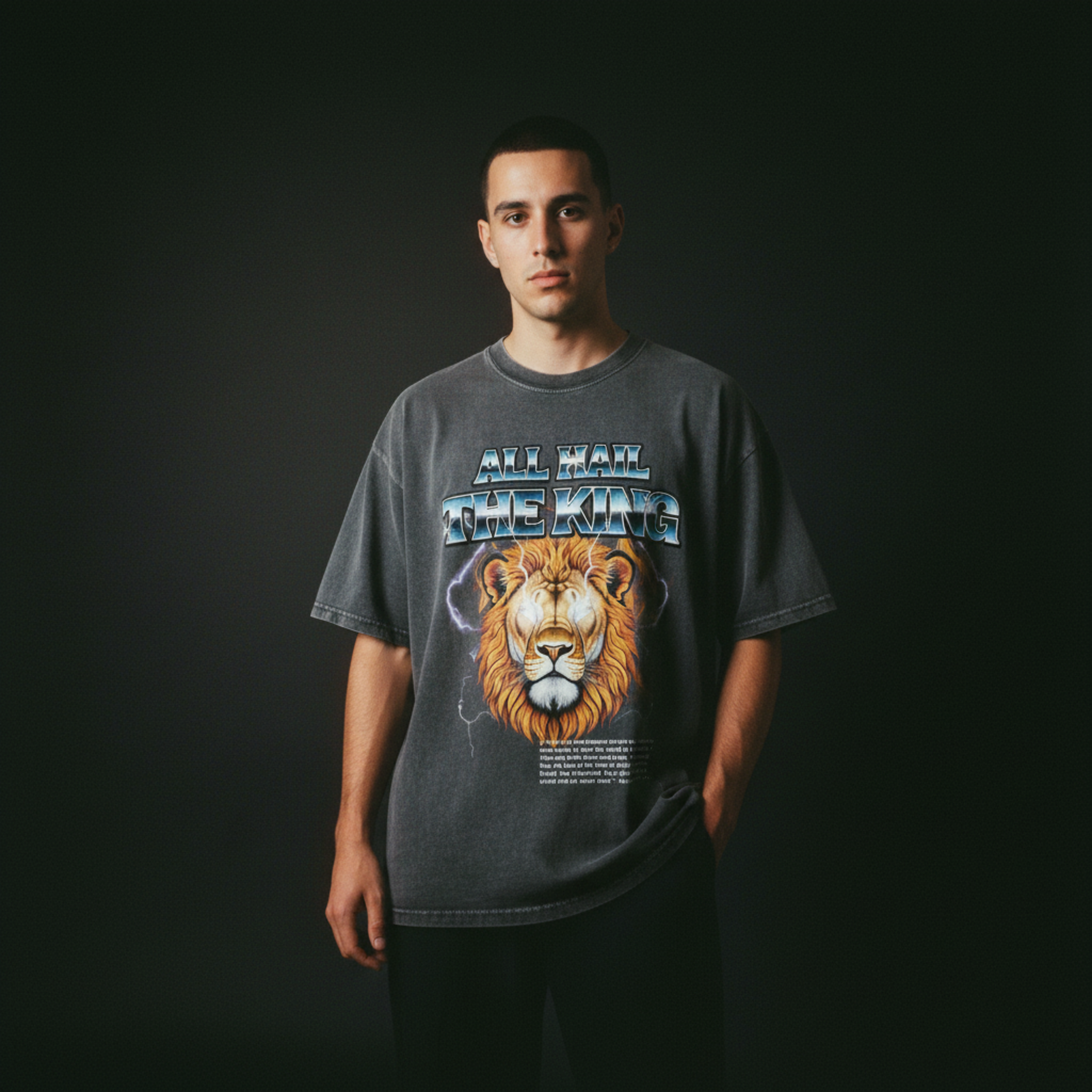 Person wearing a t-shirt with a lion graphic and text on a black background