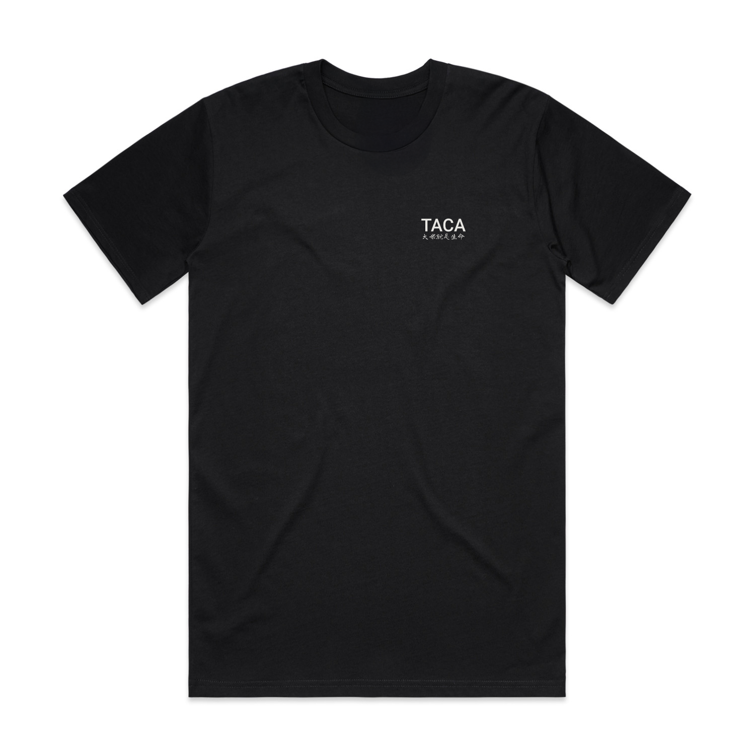 Raised On Rice Front Design with "TACA" and "raised on rice" written in Japanese on left chest.