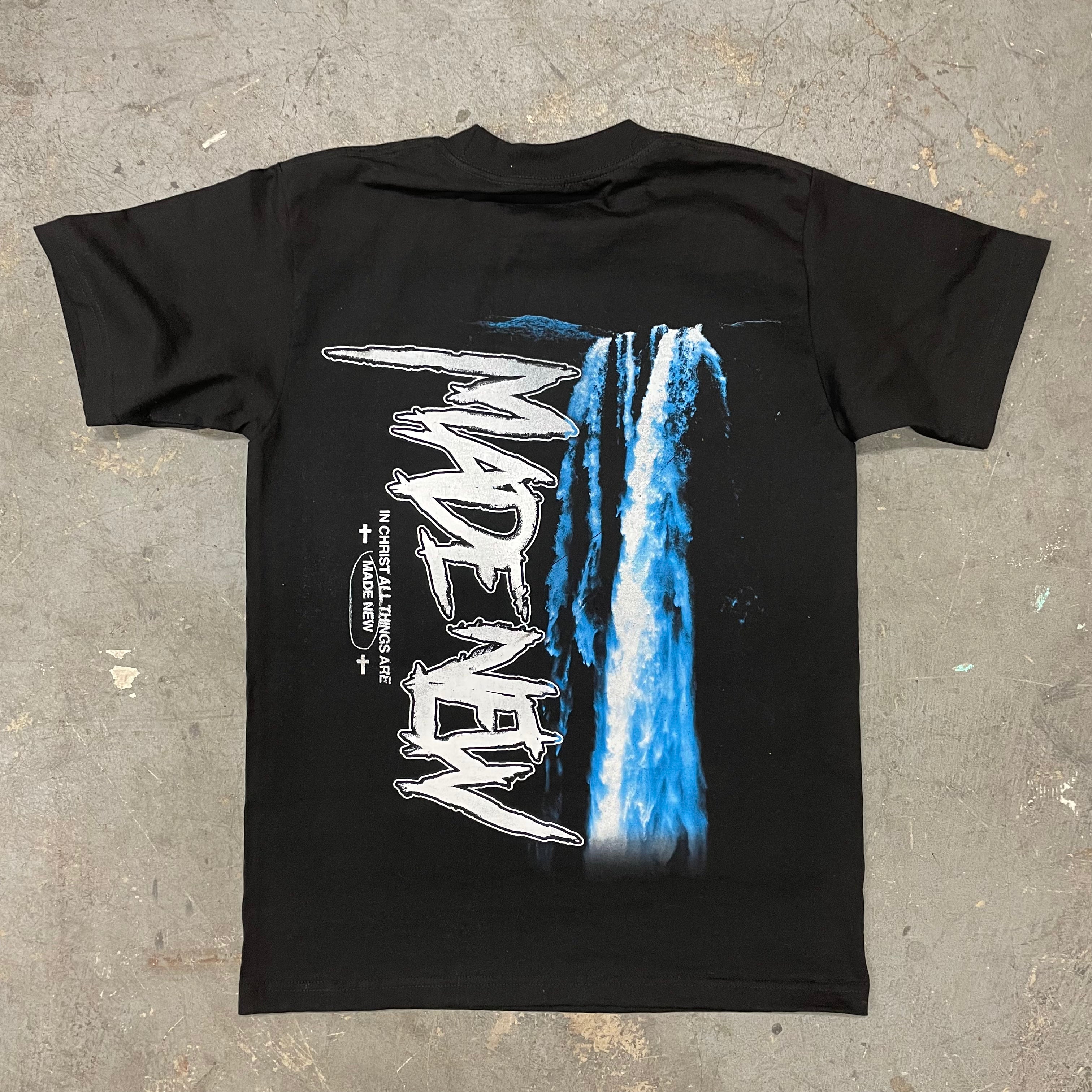 Custom Black Shirt DTG with White text and Waterfall