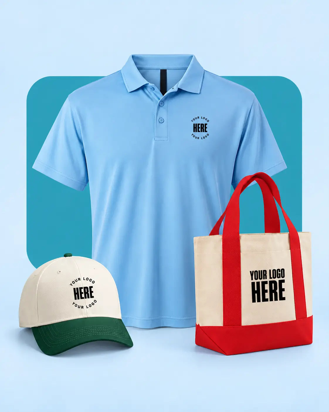 Custom polo, embroidered cap, and canvas tote with placeholder logos